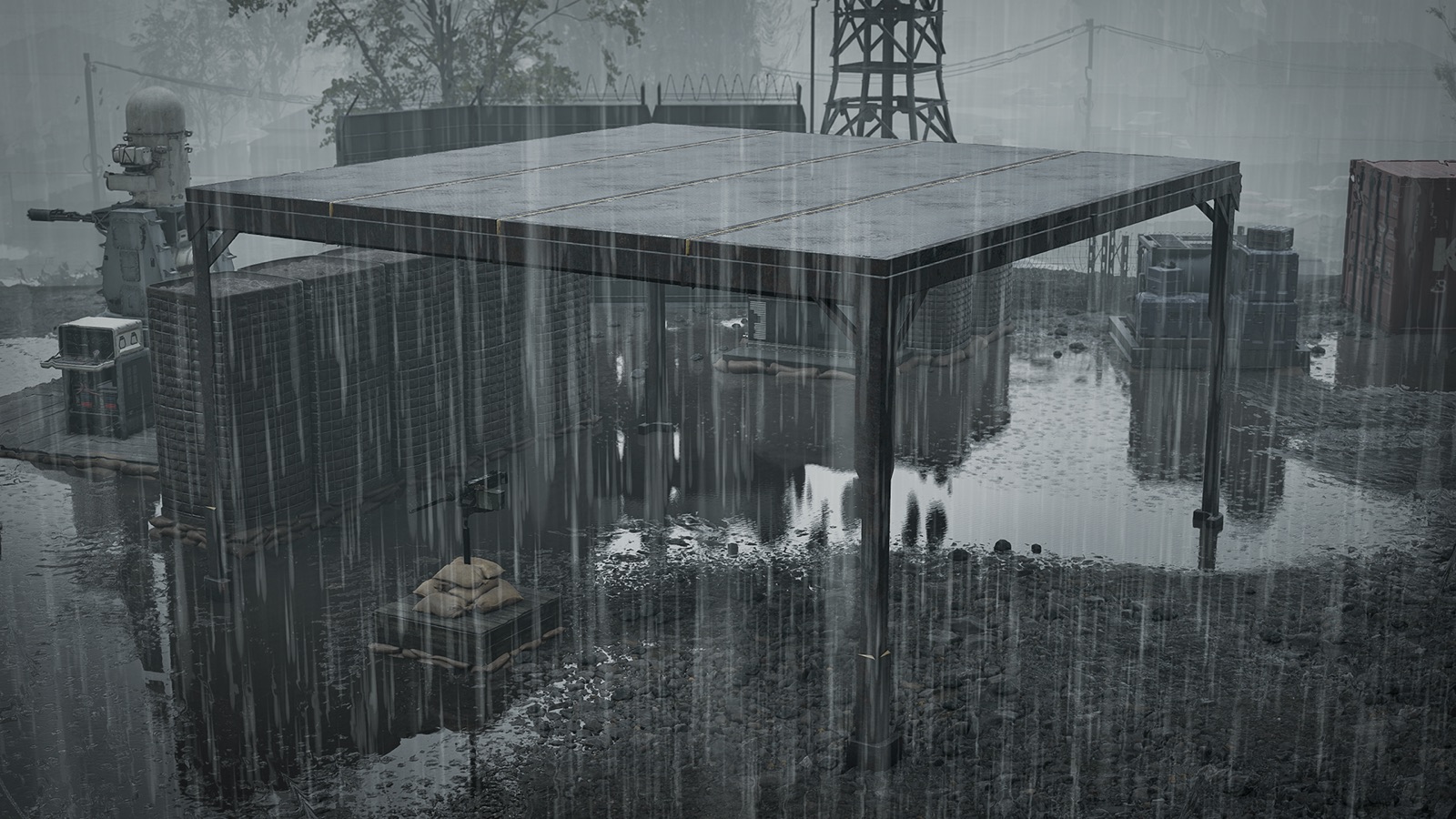 Large metal shelter standing in a flooded industrial yard