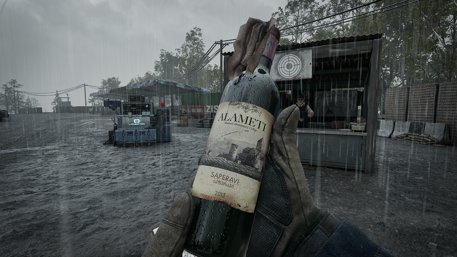 Holding an unlit wine-bottle Molotov