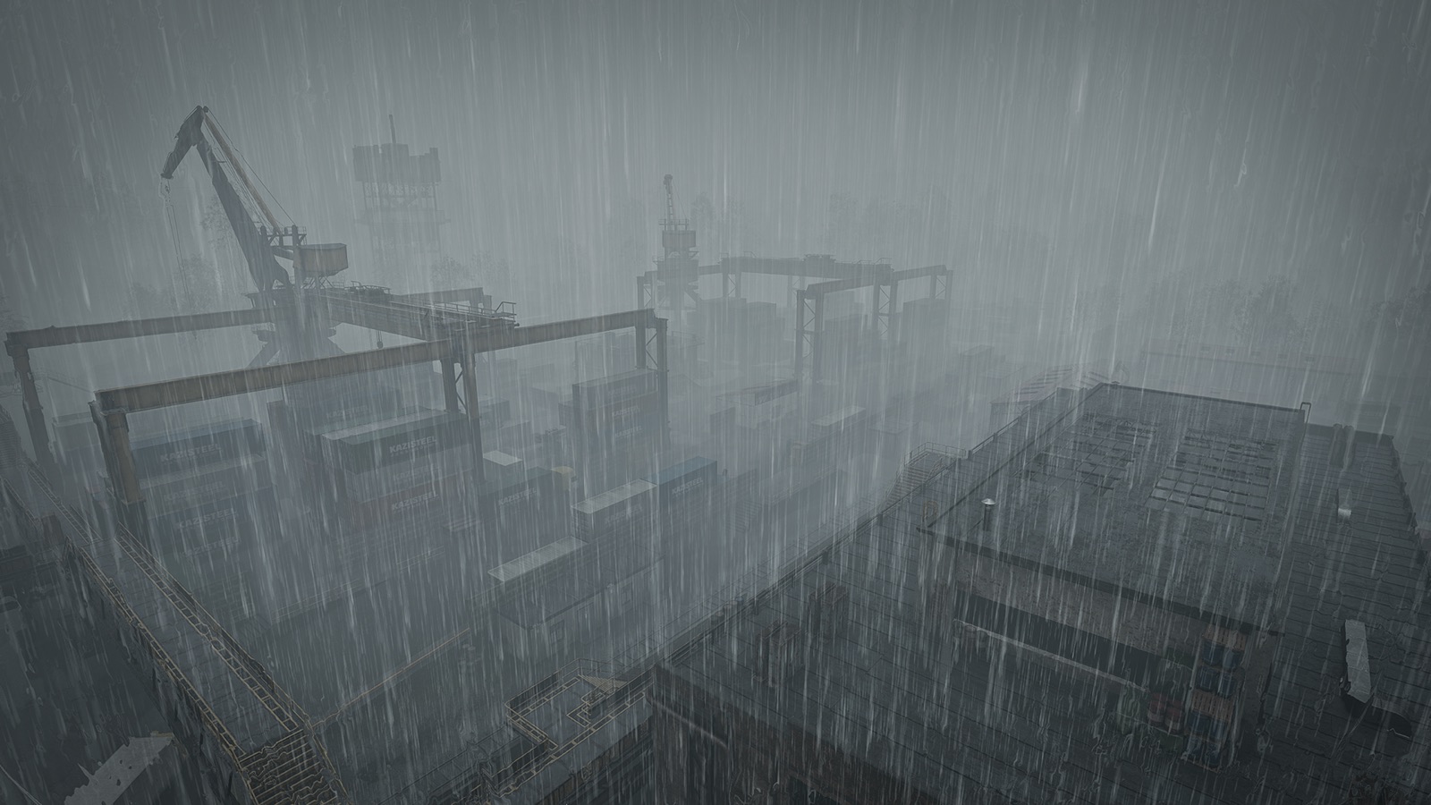 Port cranes fading into heavy rain and fog