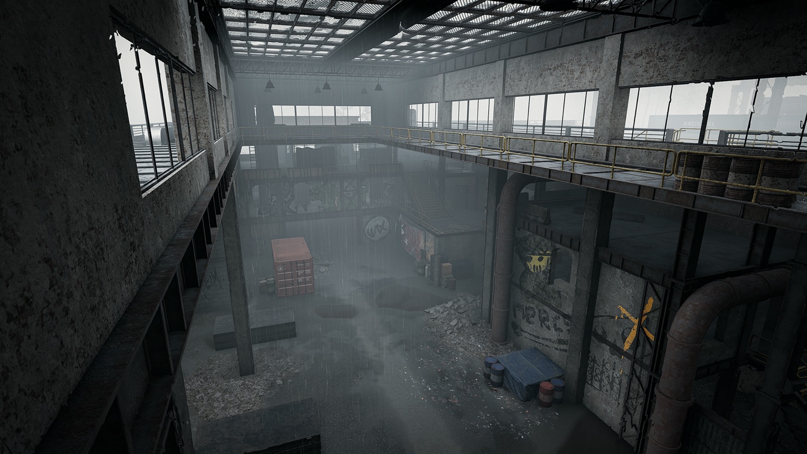 Rain falling through a destroyed factory roof