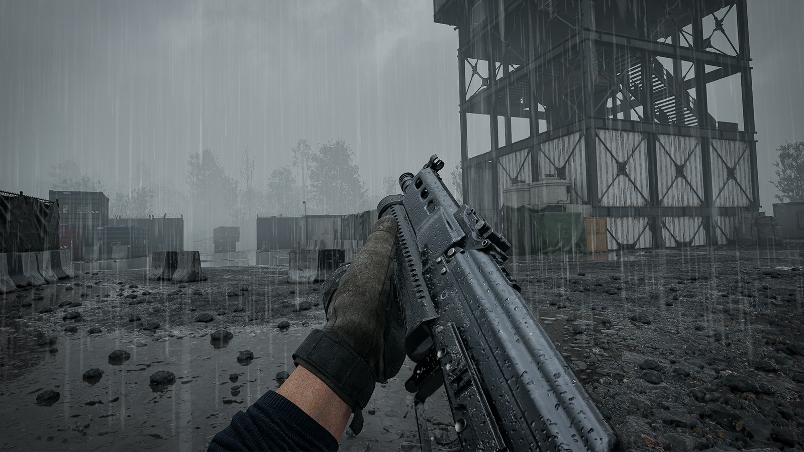 PP-19 Bizon held in first person in the rain